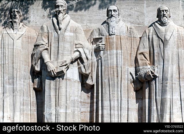Reformation monument, Reformation Wall, Wall of Famous Reformers in Park des Bastions, left to right: Guillaume Farel, Jean Calvin, Theodore Beza, John Knox