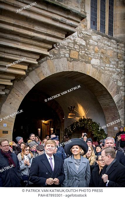 King Willem-Alexander and Queen Maxima of The Netherlands walk over the Kramerbrucke in Erfurt, Germany, 8 February 2016