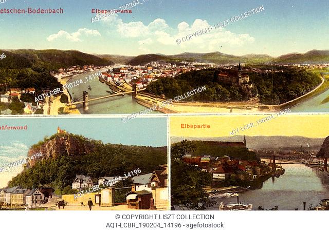 PastÃ½Å™skÃ¡ stÄ›na, Elbe in DÄ›ÄÃ­n, Empress Elisabeth Bridge in DÄ›ÄÃ­n, DÄ›ÄÃ­n Castle, Buildings in DÄ›ÄÃ­n, Multiview postcards, 1913