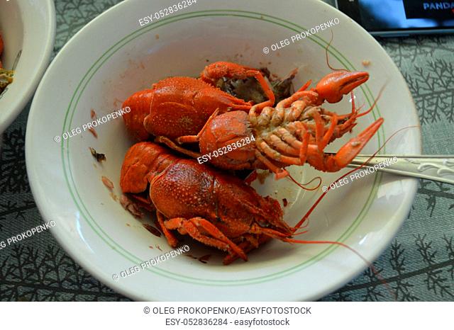 Prepared boiled crayfish in a plate