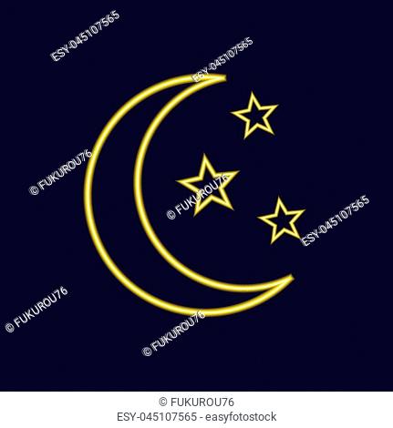 Neon VECTOR Moon and Stars Icon, Bright Fluorescent Night Symbol Isolated on Dark Black Background