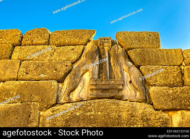 Detail view of famous lyon gate, micenas city, greece