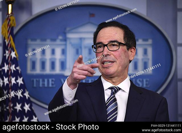United States Secretary of the Treasury Steven T. Mnuchin speaks at a Coronavirus briefing at the White House on Thursday, April 2, 2020 in Washington, DC
