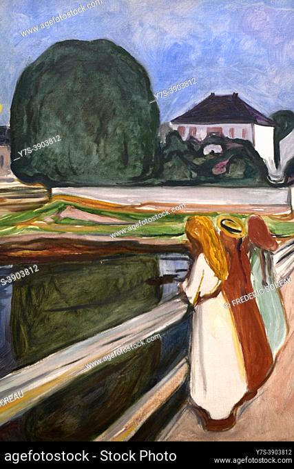 White Night. Aasgardstrand , girls on the bridge, 1903, oil on canvas, Edward Munch, Pouchkine museum, Moscow, Russia, on display at the exhibition Icons of...