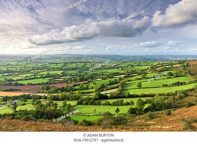Patchwork rolling countryside near Llangorse in the Brecon Beacons National Park, Powys, Wales, United Kingdom, Europe