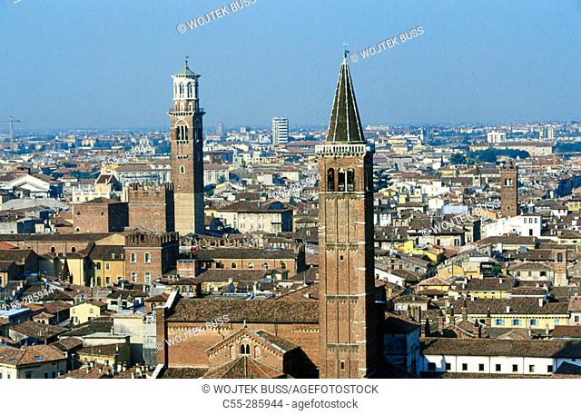 View to the Church of Santa Anastasia and Torre dei Lamberti. Verona. Veneto, Italy