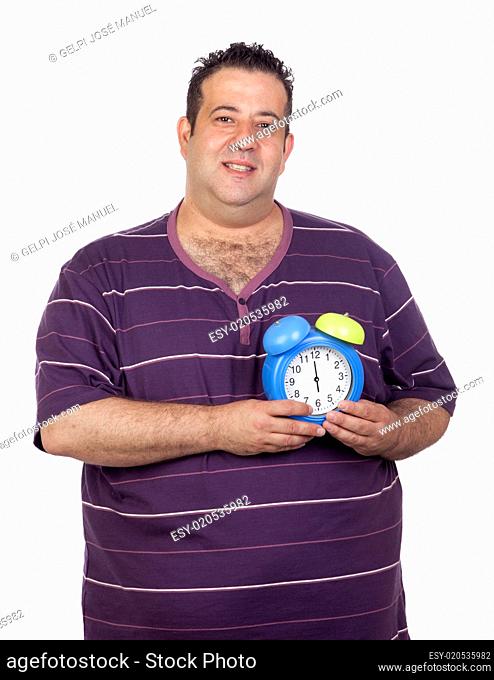 Fat man with a blue alarm clock