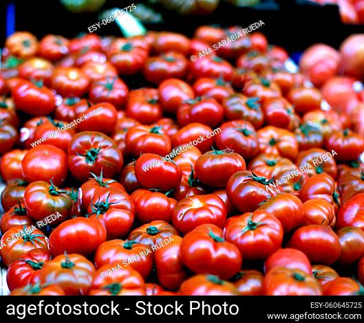 Group of tomatoes, presented for sale at a street market. town of Tarregas, Lerida, Spain