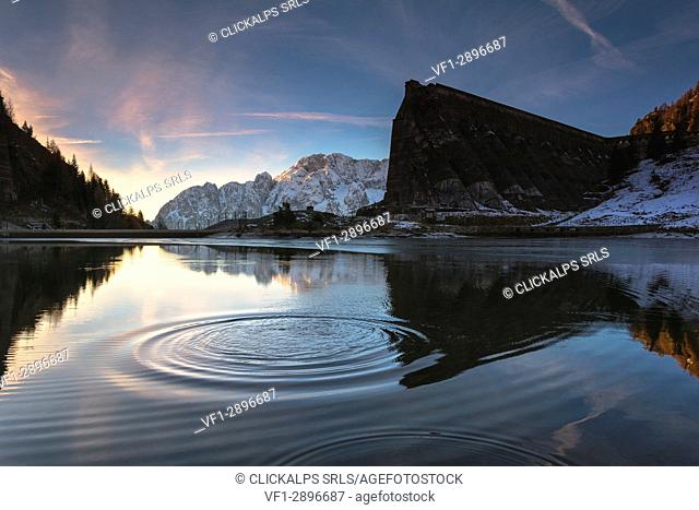Sunrise in Gleno dam, Scalve valley, Lombardy district, Bergamo province, Italy, Europe