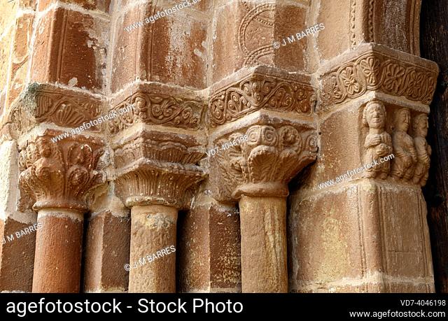 Fuensaúco, Nuestra Señora de los Ã. ngeles church (romanesque 13th century). Portal, capitals and columns. Soria, Castilla y León, Spain