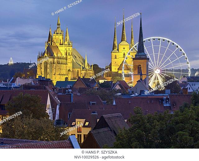 View over Erfurt with Ferris wheel, Cathedral and Severi church, Oktoberfest, Thuringia, Germany