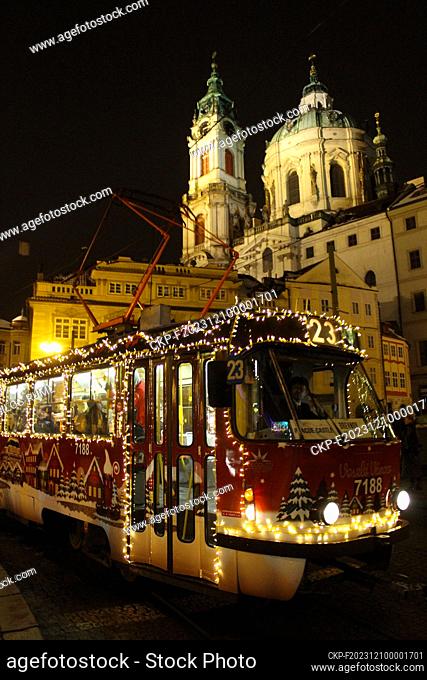 Christmas decorated tram in the Prague's city center, Czech Republic, December 9, 2023. Advent and Christmas atmosphere in the historical centre of Prague