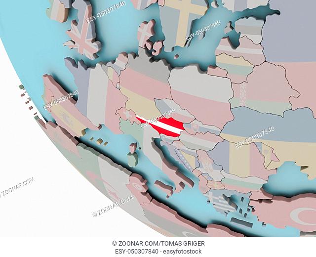 Map of Austria on political globe with embedded flags. 3D illustration