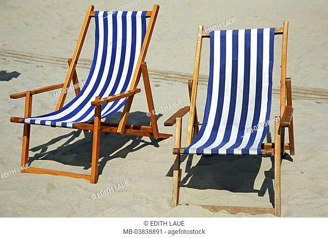 Sandy beach, deck chairs, empty,    Beach, beach, sun decumbences, sun chairs, blue-white, abandoned, human-empty, symbol, suns, sunbath, recuperation