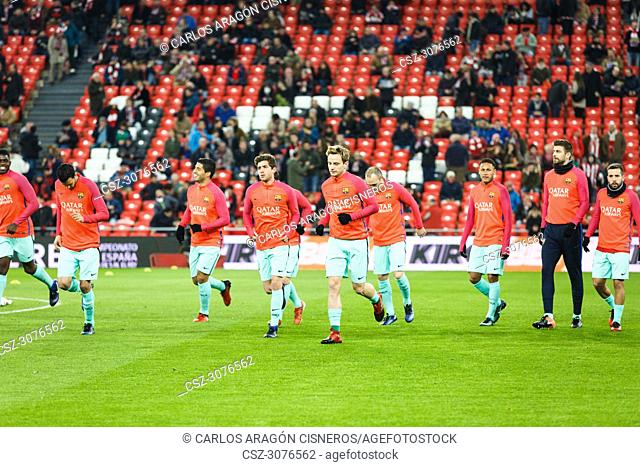 BILBAO, SPAIN - JANUARY 05: FC Barcelona players in the preheating the eighth-finals Spanish Cup match between Athletic Bilbao and FC Barcelona