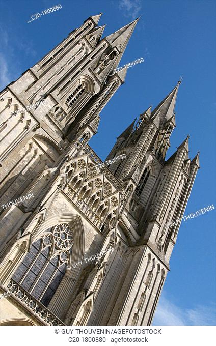Notre Dame cathedral 14th c detail of towers, Coutances, Cotentin, Normandy, France