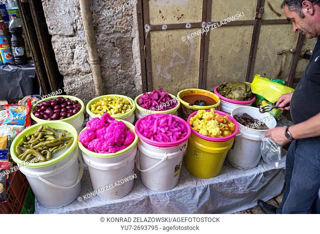 pickled vegetables on Arab market that sprawls across Christian and Moslem Quarters on the Old City of Jerusalem, Israel