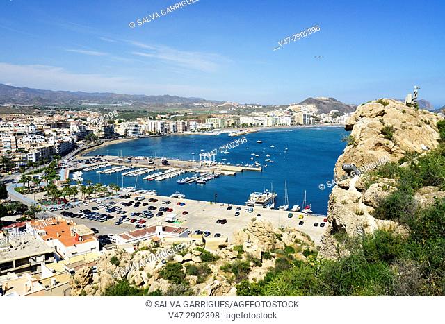 Panoramic view of the beach and the port of Aguilas, Murcia, Spain