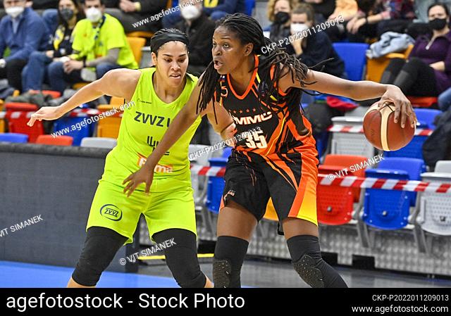From left Brionna Jones of USK and Jonquel Jones of Ekaterinburg in action during the Basketball EuroLeague Women, Group A 11th round game in Prague