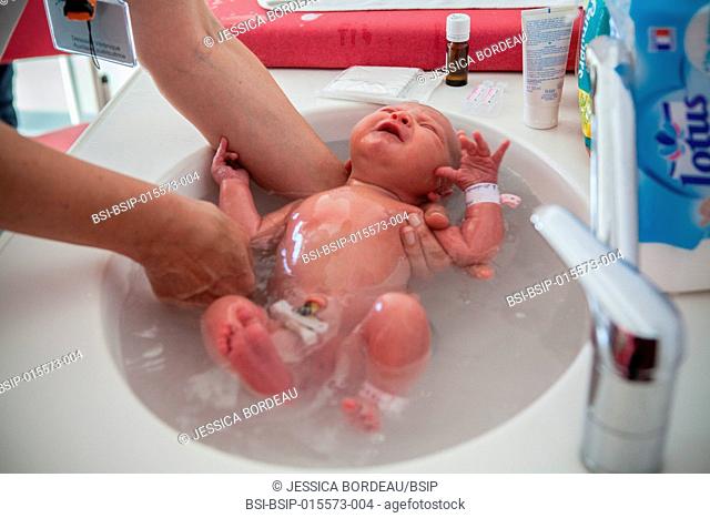 Reportage on postpartum care in the maternity clinic in Chambéry, France. Newborn babies receive their first postnatal care