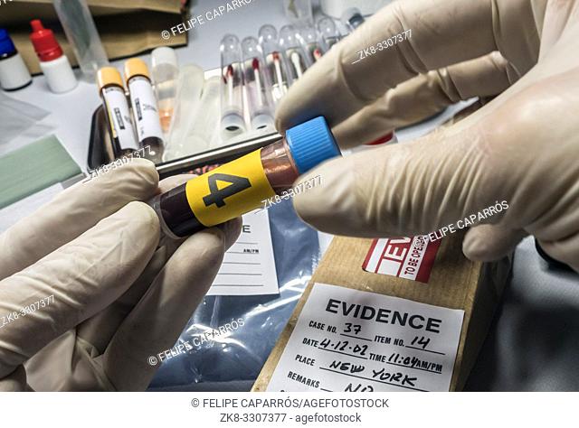 Police expert gets blood sample from glass bottle in Criminalistic Lab, conceptual image
