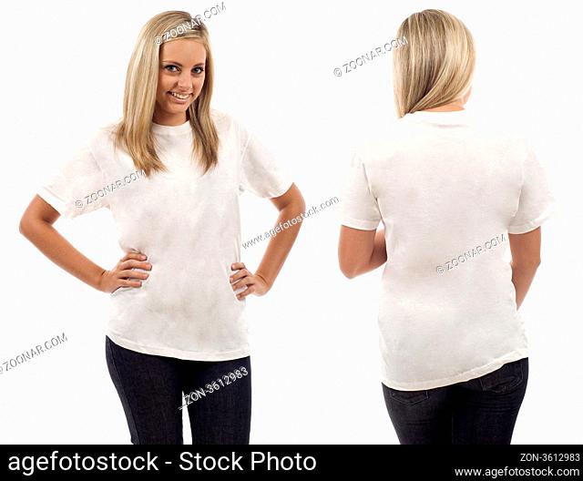 Young beautiful female with blank white shirt, front and back. Ready for your design or logo