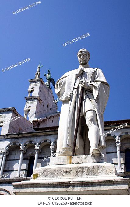 There is a marble statue of Francesco Burlamacchi in the Piazza San Michele with San Michele in Foro in the background