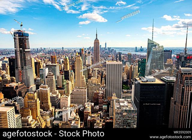 New York City - USA - May 24 2019: Midtown of New York cityscape view from rooftop Rockefeller Center