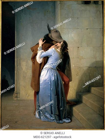 The Kiss, by Hayez Francesco, 1859, 19th Century, oil on canvas. Italy, Lombardy, Milan, Brera Art Gallery. All. Man feathered hat tights red mantle