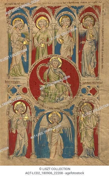 Saint John the Evangelist surrounded by Seven Angels; or Cologne, Germany; about 1340 - 1350; Tempera colors, gold leaf, and ink on parchment; Leaf: 45