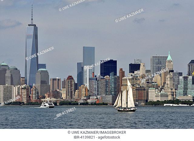 Sail ship on Hudson River in front of South Manhattan sky scrapers, Manhattan, New York City, New York, USA