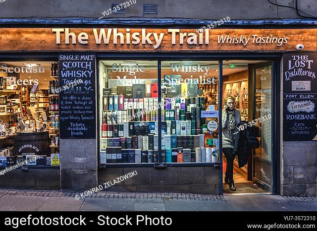 The Whisky Trail liquor store at High Street in Edinburgh, the capital of Scotland, part of United Kingdom