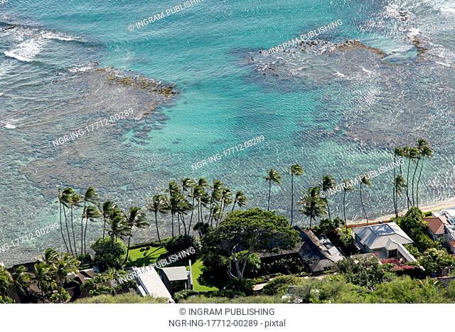 High angle view of resort on the beach from Diamond Head, Kapahulu, Honolulu, Oahu, Hawaii, USA