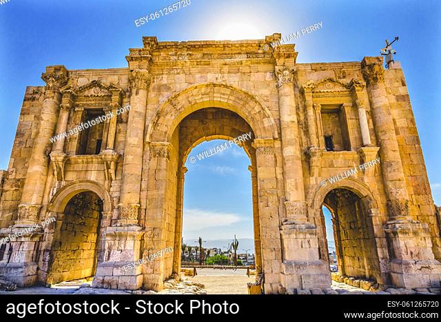 Hadrian's Arch Gate Sun Ancient Roman City Jerash Jordan. Jerash 300 BC to 600 AD Most original Roman City in the Middle East