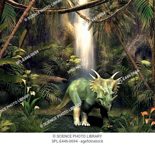 Styracosaurus dinosaur in a forest clearing, artwork. This beaked herbivore lived in North America and Asia during the late Cretaceous period
