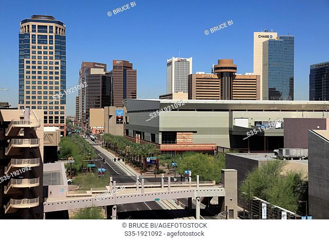 Downtown Phoenix skyline from East Washington street  Arizona  USA