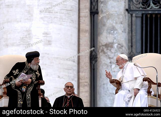 Vatican City, Vatican , 10 May 2023. Pope Francis and the Coptic Orthodox patriarch of Alexandria, Pope Tawadros II, start the general audience together in St