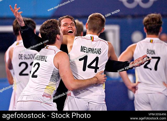Belgium's goalkeeper Vincent Vanasch celebrates after winning shoot-outs after the 1-1 end score in the final hockey match between Belgium's Red Lions and...