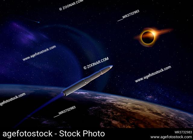 Hypersonic missile or rocket over the apocalyptic Earth during a solar eclipse. A comet runs in the space. Elements of this image furnished by NASA