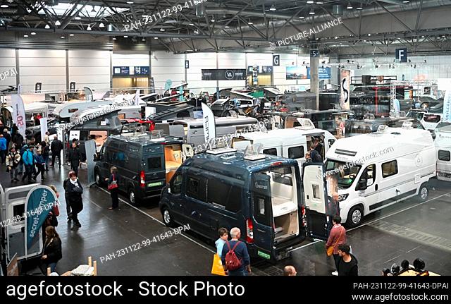 22 November 2023, Saxony, Leipzig: Motorhomes will be exhibited in a hall at the ""Touristik & Caravaning International 2023"" trade fair