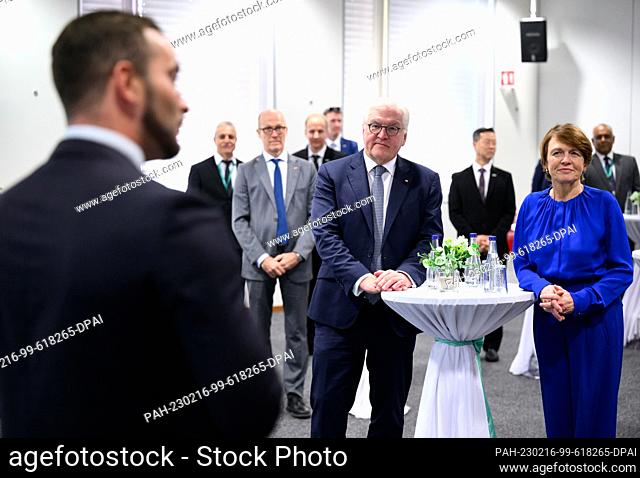 16 February 2023, Malaysia, Penang: German President Frank-Walter Steinmeier (center) and his wife Elke Büdenbender (right) visit a production facility of the...
