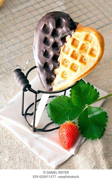 Heart-shaped waffle with chocolate