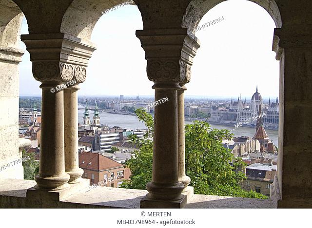 Hungary, Budapest, Burgenviertel,  Fisher bastion, round bows, outlook,  view at the city Europe, Central Europe, capital, district, Buda, sight, landmarks