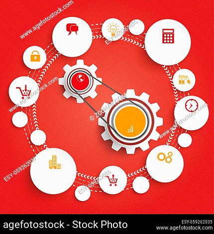 Infographic design with gears and circles on the red background. Eps 10 vector file