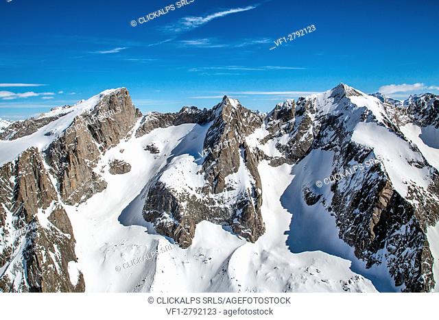 Aerial view of the peaks of Val di Zocca in winter, including Cima di Castello, Punta Rasica and Pizzo Torrone. Valmasino, Valtellina Lombardy, Italy Europe