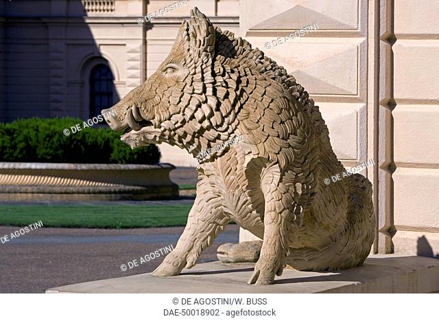 Statue of a boar in front of one of the main entrances to Osborne House, built between 1845-1851 in Italian Renaissance style as Queen Victoria's summer...