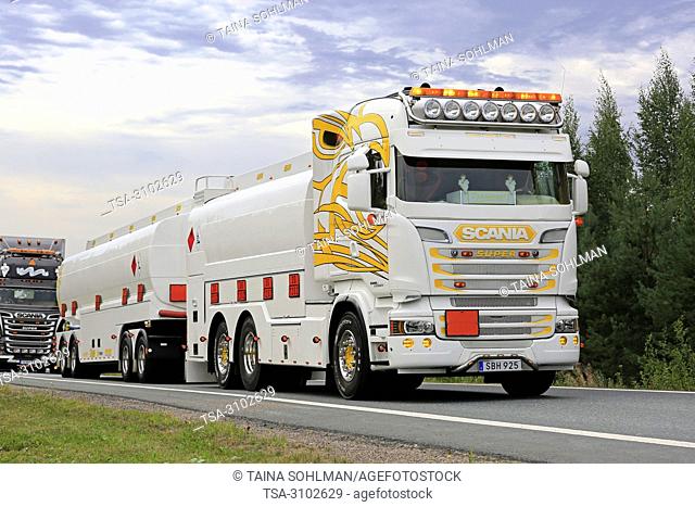 LEMPAALA, FINLAND - AUGUST 9, 2018: Scania R560 tank truck of Johan Nordqvist Transport AB from Sweden in convoy to Power Truck Show 2018, Finland