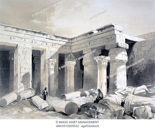 Temple at Medinet Abou -Thebes', 1845. Lithograph after Henry Pilleau 1813-1899 English artist. Egypt Luxor Archaeology Architecture Religion Mythology