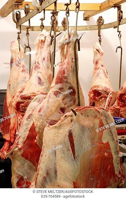 Hanging meat, meat locker, cow quarters, hanging beef, meat storage