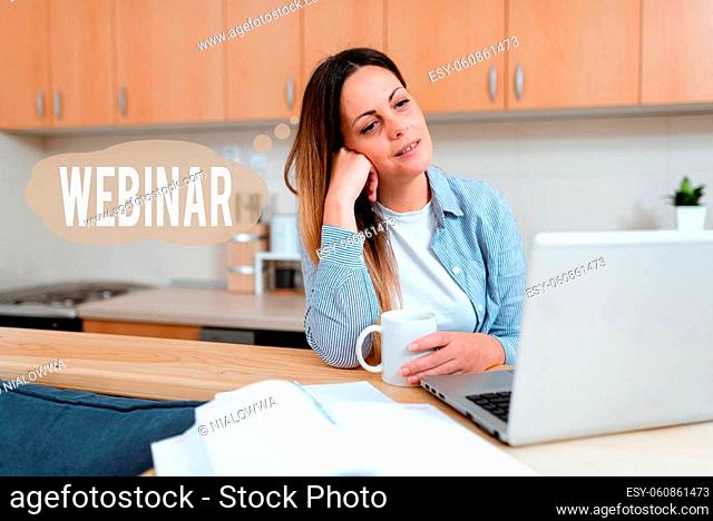 Hand writing sign Webinar, Word for defined as seminar conducted over the Internet Web conferencing Searching Kitchen Cleaning Tips Online